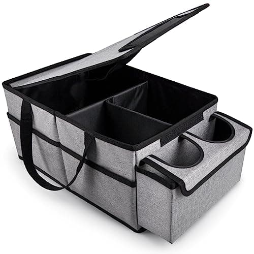 GUWINA Car Backseat Organiser, Multi Compartment Foldable Seat Organiser for Car Boot Front and Back Seats, with Lids and Straps Best for Clothes, Toys, Office Products (Grey)