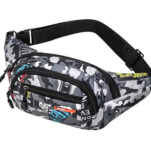 Bum Bag,Camo Bumbag Camouflage Belt Bag Waist Bag Fanny Pack Fabric Nylon Money Belt for Men Boys Running Hiking Travel Sports 13.65 * 4.68 Inch Grey