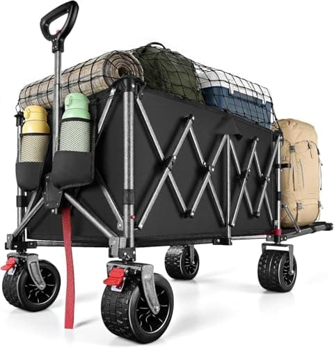 370L Festival Trolley on Wheels, Heavy Duty Folding Wagon, Portable Camping Cart Load up 550LB, Camping Trolley Foldable for Beach Outdoor Garden Shopping Fishing, Rear-Opening Design, Pure Black
