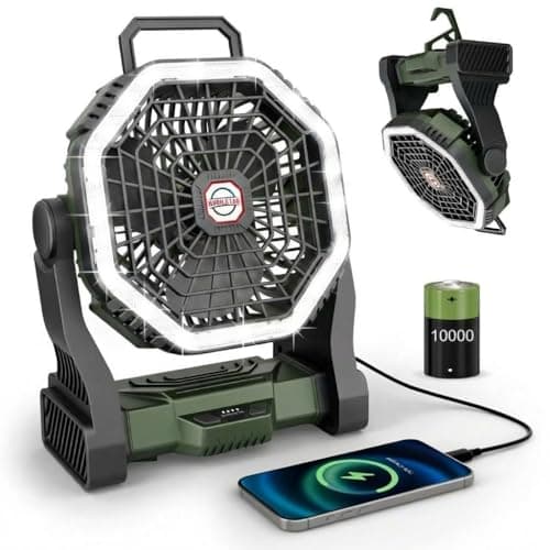 Camping Fan 10000mAh Battery Operated with Light - 4-Speed Rechargeable Tent Fan for Outdoor - Hanging Hook & Tilting Head Design - Multi-Use Desktop Cooling Fan for Camping, Hiking, Fishing (Green)