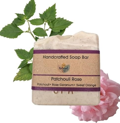 The Natural Spa | Handcrafted Soap Bar | Moisturising & Gentle Exfoliation | Patchouli & Rose, Cocoa Butter & Almond Oil | For All Skin Types & Travel Use | 100g