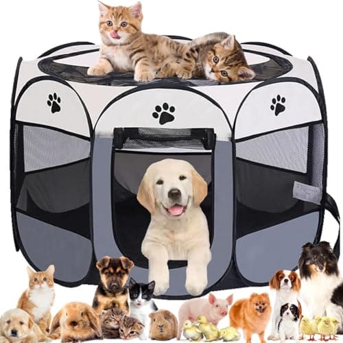 Pet Playpen Portable Dog Pen Foldable Pop Up Cat Play Pen, Oxford Fabric Soft Dog Crate Cage Puppy Pen for Indoors Outdoor Travel, Cat Tent Whelping Box for Kitten Rabbit Hamster Guinea Pig (Grey L)