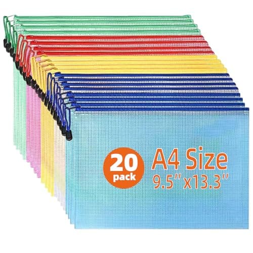 GoHoKi 20 Pack Zip Wallets: A4 Size Mesh Plastic Waterproof Zipped Lock Bags - 5 Color Easy Organization for School Office Home Travel