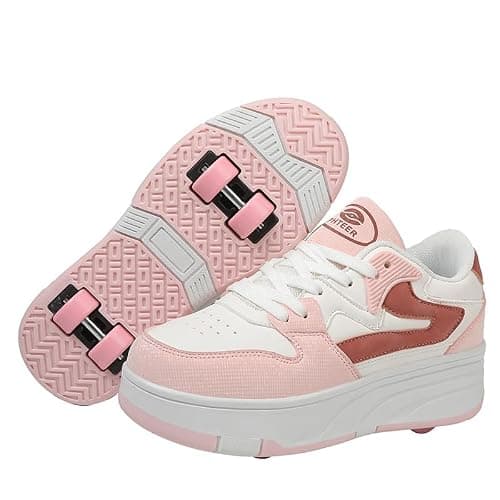 Mateju Kids Roller Skate Shoes for Boys Girls, Skateboarding Skates Outdoor Parkour Shoes Retractable 4 Wheels Unisex Teenager Children Sports Walking Running Sneakers Shoes Pink