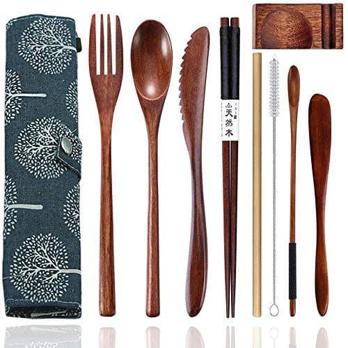 Busnos 9-Piece Wooden Cutlery Set Portable Reusable Bamboo Utensils Travel Cutlery Utensils Set with Case, Including Reusable Knife Fork Spoon Chopsticks