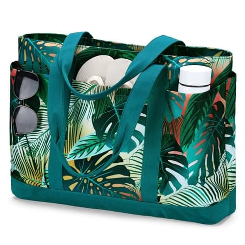 VASCHY Large Beach Bag with Zip, 30L Oversized Utility Travel Tote Bags for Women Waterproof Sandproof Summer Bag with Wet bag Foldable Handbag for Holiday Pool Gym Shopping Green Leaves