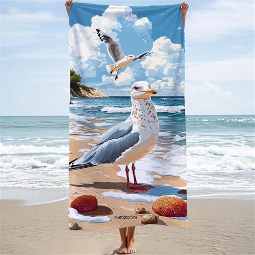 Ocean Beach Towels for Adults, Seagull Microfibre Towel Extra Large 75x150 cm Quick Dry Beach Towel with Storage Bag Lightweight Sand Free Sun Lounger Towels Bath for Travel, Holiday, Yoga W-3590