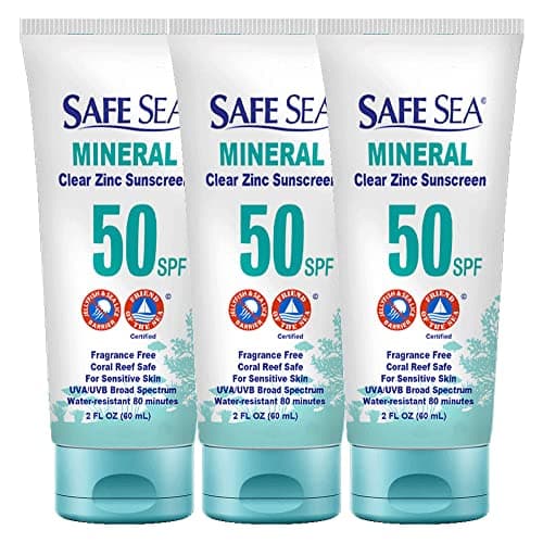 Safe Sea Zinc Oxide Sunscreen SPF50 | Clear Mineral Face Sunscreen Without White Cast | Anti-Jellyfish Sting Protective Lotion | Coral Reef Safe | Travel Size - 60ml (3 tubes)