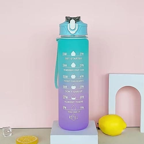 Motivational Water Bottle with Time Markers, 900ML Gradient Ombre Design, Flip-Top Lid, Carry Strap, Hourly Hydration Tracker (Blue and Purple)