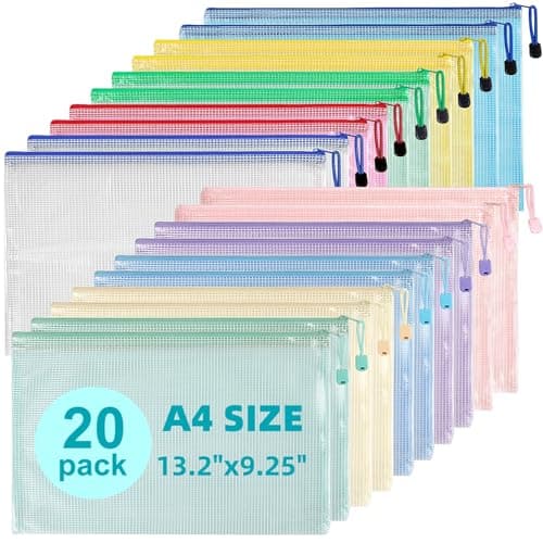 Mutsitaz 20 Pack A4 Plastic Wallets File Bags, A4 Document Wallets with Zipper, Document Folder, Zip Lock Bags, Document Zipper Bags, Zip Plastic Folder for School, Travel, Home, Office