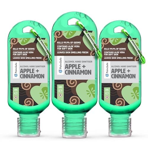 Palm Safe Apple and Cinnamon 3 Pack 60ml Anti Bacterial Premium Hand Sanitiser Travel Size Refillable Clip Bottle Quick Drying Non Sticky Extra Moisturising Kills 99.9% of Viruses and Bacteria