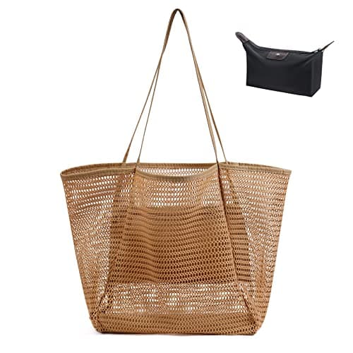 flintronic Mesh Beach Bag, Summer Beach Bag Oversized Ladies Tote Bag Shoulder Bag with Zipper Pockets Mesh Nylon Bag, Perfect for Beach Party Travel Picnic Vacation Shopping - Brown