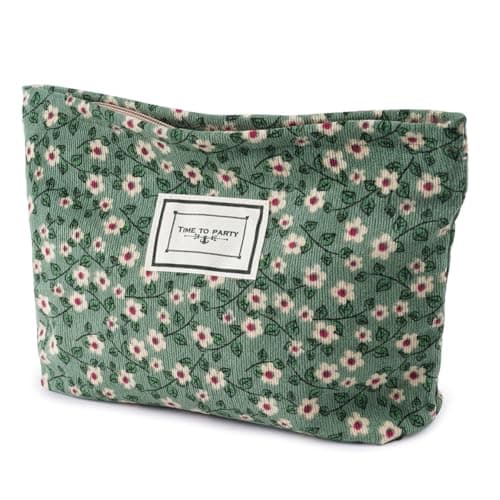 Aucuu Cosmetic Bags for Women, Small Floral Canvas Cosmetic Bag, Rose Flower Printing Corduroy Toiletry Bag, Multifunctional Travel Makeup Bag with Metal Zipper for Women Girls Gift - Green Flower