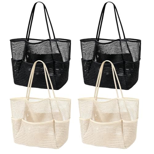 YLQQYL Beach Bag for Women, 4 Pack Large Nylon Mesh Tote with Inner Zipper Pocket, Foldable Sandproof Shoulder Handbag for Swimming Pool Travel (4, 2 Black+2 Beige)