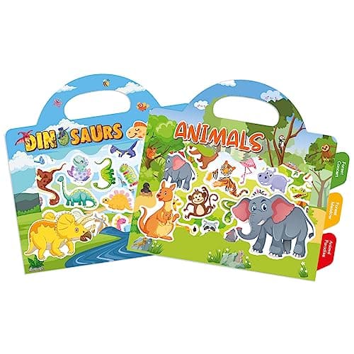 GUYUCOM 2 Pack Reusable Sticker Books for Toddlers, Durable No Glue Stickers for Kids, Activity Crafts for 2 3 4 Year Old Boys Girls Dinosaurs Animals Travel Toys on Plane Car Birthday Gifts