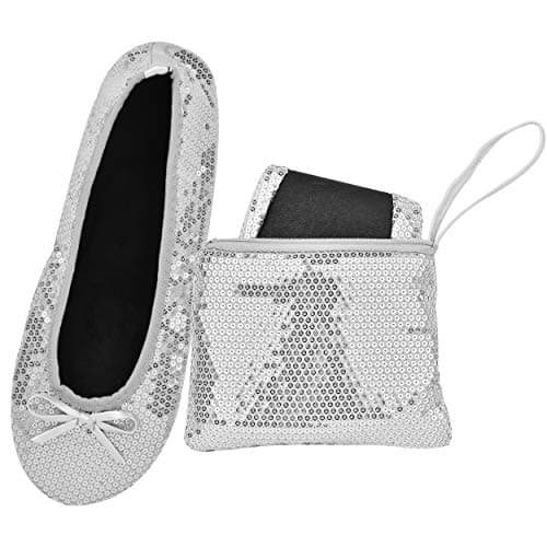 Women's Foldable Flats – Portable Ballet Slippers Shoes for Travel, Wedding – Fits in Purse (M, Silver Sequin)