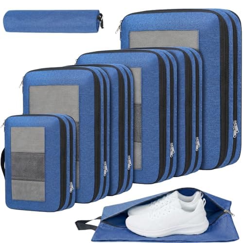 Prezon 8 Set Compression Packing Cubes for Suitcases, Full Open & Visible Design, Luggage Organizer Bags Set for Carry on, Travel Essentials Travel Gifts for Women with Laundry Bag and Shoe bag