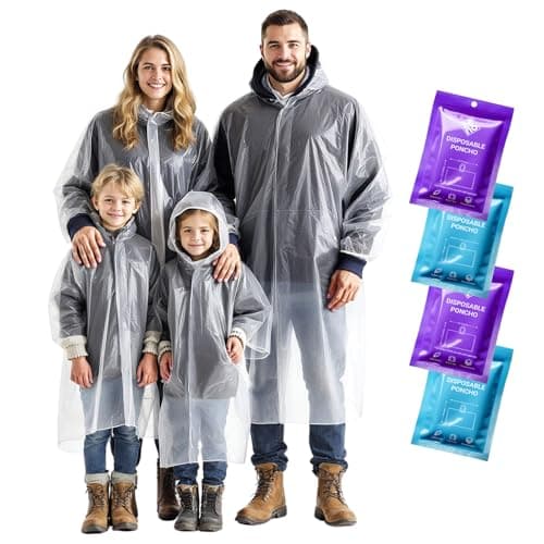 ZENO Disposable Rain Poncho Waterproof Family Pack - Rain Coat with Hood, Pack of 4 - For Adults & Kids, Women, Men, Girls & Boys - Travel Poncho for Hiking, Camping
