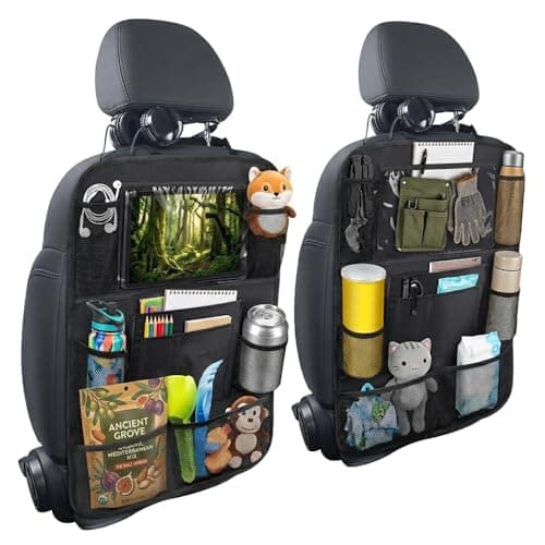Kardne 2Pcs Kids Car Back Seat Organiser, Tidy Bag Over Kick Protector, Waterproof Toy Storage Pockets, Easy Clean Van Bag, Hanging Mesh Organizer, 600D Polyester