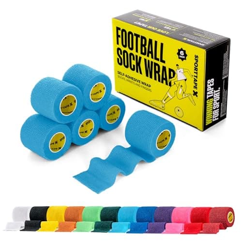 SPORTTAPE 6 Rolls Football Sock Tape, 5cm x 4.5m, Sky Blue Cohesive Bandage
