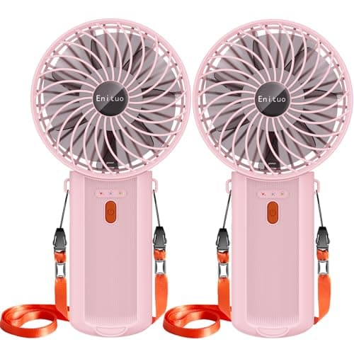 2 Pack Portable Fan Handheld Fan with Neck Lanyard, Battery Operated Electric Powered USB Rechargeable Fans, 6-15H Cooling, 180° Foldable 4 Quiet Speeds Mini Fans for Travel Outdoor Home Office, Pink