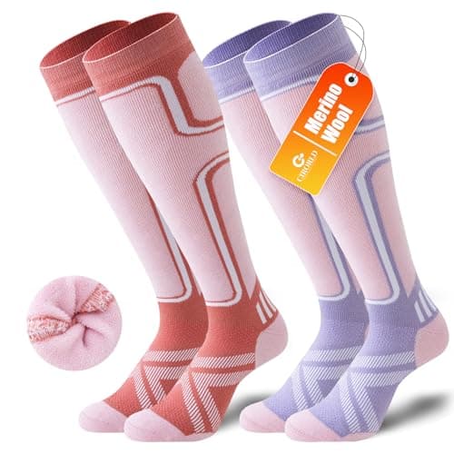 Cirorld 2 Pairs of Merino Wool Ski Socks for Men, Warm Wool Thermal Socks Unisex, Thick Winter Socks for Cold Weather, Snow, Skiing, Snowboarding, Hunting, Hiking, Pink&Purple 6-8