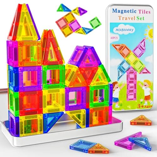 MXBLOCKY Mini Magnetic Tiles Travel Set for Kids Ages 3-8 41PC with Tin Box