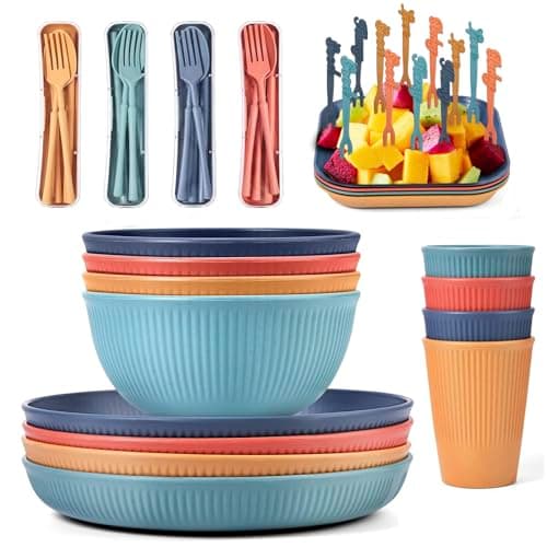 RHM 48Pcs Dinner Set for 4 - Camping Picnic Plates Bowls and Cutlery Set