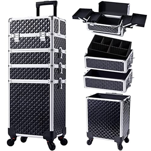 Joligrace 4-in-1 Tall Vanity Case for Women Makeup Box Make Up Beauty Trolley on Wheels Professional Large Makeup Case Organiser Rolling Box Nail Technician case with Locks (Black)