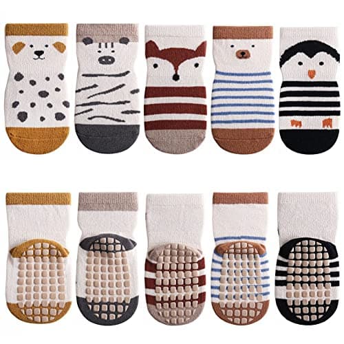 FedMois 5 Pairs Baby Kids Anti-slip Socks Cotton non skid Ankle Socks Animals, Penguin, 1-3 Years