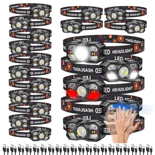 KunHe 20 Pack Rechargeable LED Head Torch with Motion Sensor, 10 Light Modes, Hands-Free Headlamp for Camping, Hiking, Running, Cycling, Fishing & Emergency Use