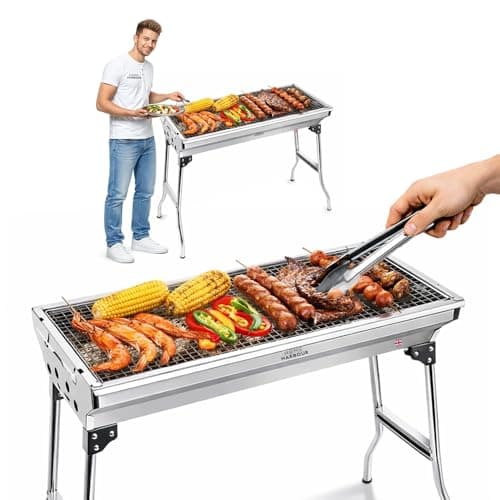 Home Harbour H1 Large Foldable Stainless Steel BBQ Charcoal Grill | Portable and Lightweight Barbecue | For Outdoor Picnics, Camping, Garden, Home Cooking Parties Grilling