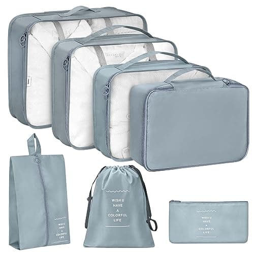 7 Pack Luggage Packing Organizers Packing Cubes Waterproof Suitcase Organizer Bags Travel Packing Organizers (7pcs-Gray)
