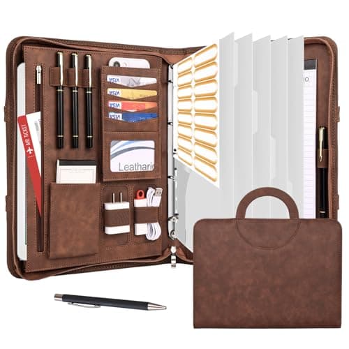 Leathario Portfolio Folder A4, Vegan Leather Conference Folder with Handle, 4-Ring Travel Document Holder with 5 5-Part File Dividers, Multi-Pocket Document Folder Organiser, Office Supplies