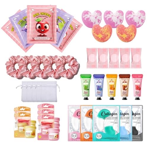 Kids Pamper Sets for Girls - 40 Piece Sleepover Party Supplies for Girls with Facial Masks, Eye Patches, Hand Cream, Lip Balm & Foot Bath Bombs, Pamper Party Gift Set for Birthday Spa Nights (Pink)
