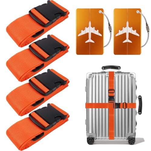 Suitcase Straps 4 Pack with 2 Luggage Tags, Adjustable Luggages Strap Set