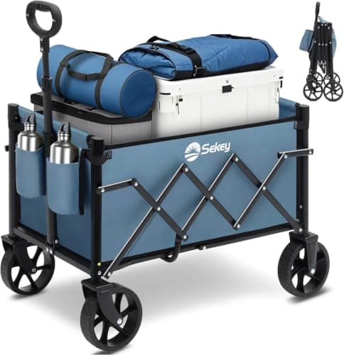 Sekey 220LBS Folding Festival Trolley on Wheels, Heavy Duty Camping trolley with All-Terrain Wheels, Portable Beach wagon, Adjustable Handle, Space-Saving Cart for Shopping Outdoor - Blue