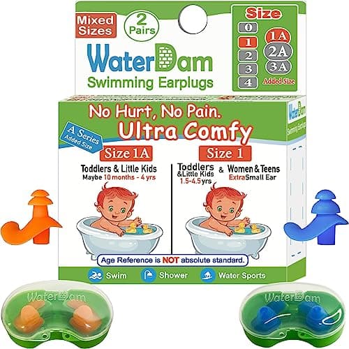 WaterDam Ultra Comfy Swim Earplugs - Great Waterproof Swim Earplugs Prevent Swimmer's Ear (Size 1A+1: Toddler Little Kids 10m-6yrs & ExtraSmall Ear Women&Teens)