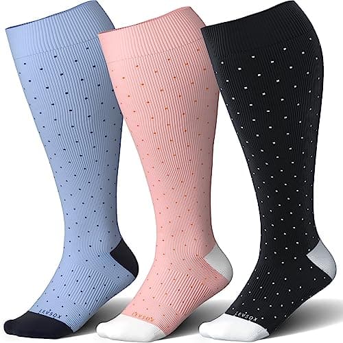 LEVSOX Bamboo Plus Size Compression Socks for Women Men Wide Calf 15-20mmHg Knee High for Pregnancy, Nurse, Travel, 3 Pairs-Dots, XL
