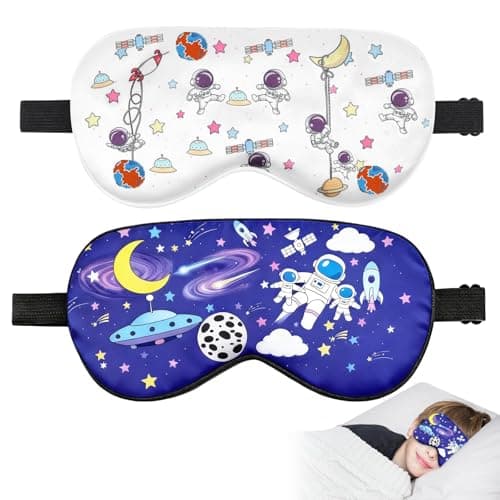TeTupGa Blackout Kids Sleep Mask for Boys,2 Pack Silk Eye Mask for Sleeping with Adjustable Strap, Teens Children's Bedtime Eye Cover for Travel & Home Use (2 Pack Space Style)