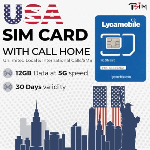 USA SIM Card for travel to the US. Unlimited Local and International calls/texts. Call home for free! Updated 5G Plan with Hotspot/Tethering! 12GB x 1 month