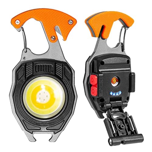BY-J Multitool Keychain Flashlight, Rechargeable COB Pocket Work Light with Carabiner, Bottle Opener, Screwdriver, Magnetic Base, EDC Survival Emergency Gear Camping Gift for Men, Orange