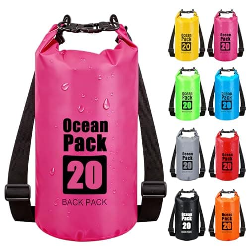RONGZUBAT 20L Large Waterproof Dry Bag with Shoulder Strap, Roll Top Dry Sack for Camping Gear, Waterproof Bag for Boating, Kayaking, Fishing, Paddle Boarding, Beach, Swimming and Travel - Hot Pink