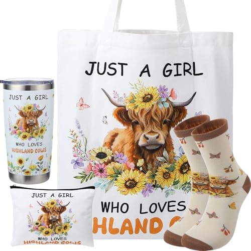 saerryor Highland Cow Gifts Set,Insulated Tumbler,Tote Bag,Makeup Bag,Socks