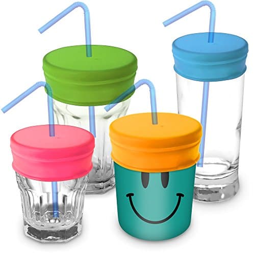 iGadgitz Home Reusable 100% Food Grade BPA Free Soft Silicone Spill-Proof Travel Straw Lids for Most Drinking Cups & Glasses – Pack of 4 (Pink, Yellow, Green, Blue)