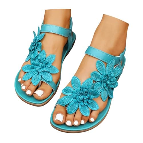 DFEK Womens Flat Sandals Summer Embroidery Flower Beach Flip Flops Ladies Thongs Elastic T-Strap Bohemian Shoes Casual Vacation(A01 Sky Blue,6.5)