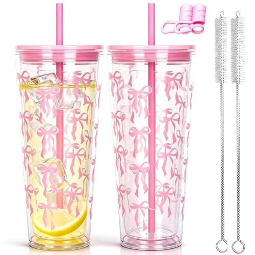 CuppaLifes 710ml Reusable Tumbler with Straw and Lid, 2 Pack Insulated Cup for Iced Coffee, Hot/Cold Drink, Plastic Travel Mug for Office, Travel, Camping, Beach, Outdoor (2, Pink)