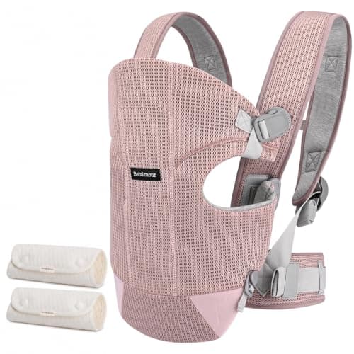 Bebamour Baby Carrier, Ergonomic Front & Back Carrier for Babies 3-18 Months (Up to 12kg), Adjustable Waist Belt & Shoulder Straps, Breathable Mesh Infant Carrier with 2 Drool Bibs, Pink