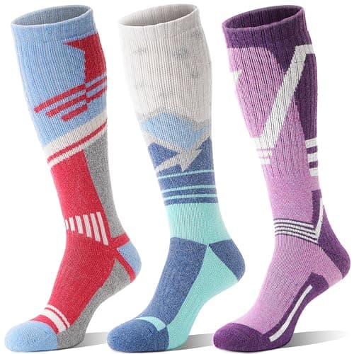 Sandsuced Merino Wool Ski Socks for Mens Womens Winter Thermal Warm Heated Thick Knee High Snowboarding Skiing Socks for Cold Weather 3 Pairs Gifts Stocking Fillers(Red/Blue/Purple,M)