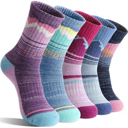 Sandsuced Womens Merino Wool Hiking Socks Thermal Cosy Walking Winter Warm Crew Breathable Socks Stocking Fillers 5 Pairs(Purple/Blue/Dark Blue/Rose Pink/Light Blue,7-11)